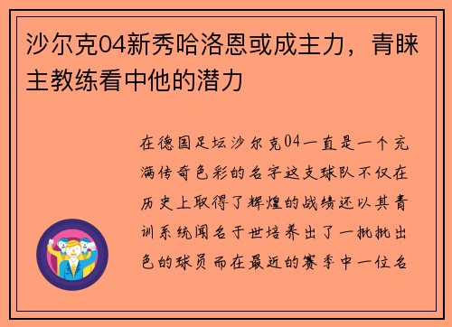 沙尔克04新秀哈洛恩或成主力，青睐主教练看中他的潜力