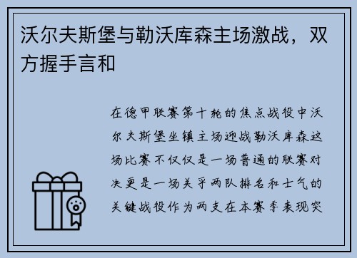 沃尔夫斯堡与勒沃库森主场激战，双方握手言和