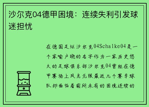 沙尔克04德甲困境：连续失利引发球迷担忧