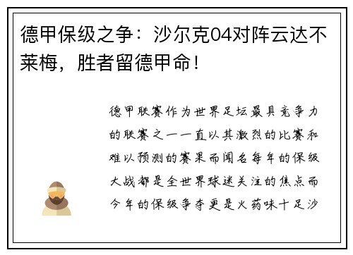 德甲保级之争：沙尔克04对阵云达不莱梅，胜者留德甲命！