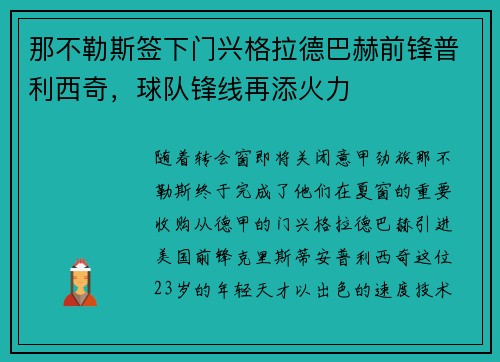 那不勒斯签下门兴格拉德巴赫前锋普利西奇，球队锋线再添火力