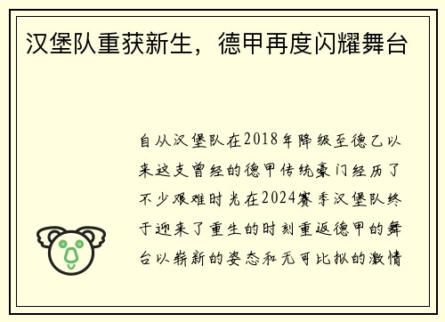 汉堡队重获新生，德甲再度闪耀舞台