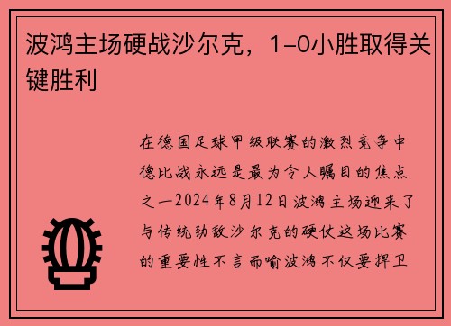 波鸿主场硬战沙尔克，1-0小胜取得关键胜利