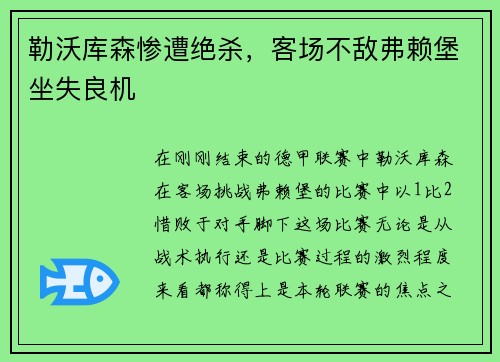 勒沃库森惨遭绝杀，客场不敌弗赖堡坐失良机