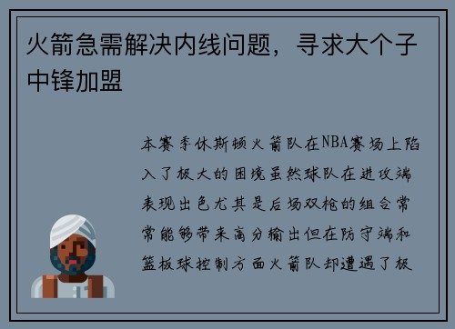 火箭急需解决内线问题，寻求大个子中锋加盟
