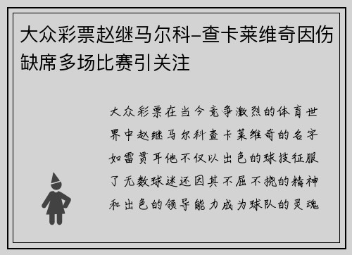 大众彩票赵继马尔科-查卡莱维奇因伤缺席多场比赛引关注