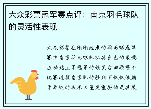 大众彩票冠军赛点评：南京羽毛球队的灵活性表现