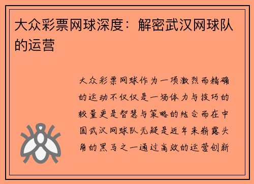大众彩票网球深度：解密武汉网球队的运营
