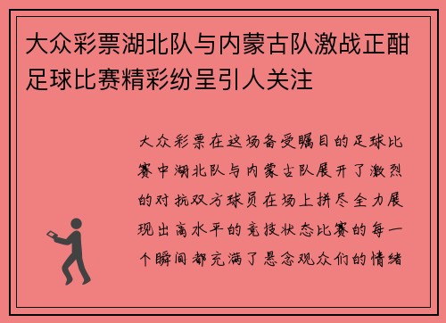 大众彩票湖北队与内蒙古队激战正酣足球比赛精彩纷呈引人关注