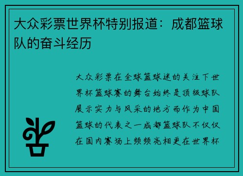大众彩票世界杯特别报道：成都篮球队的奋斗经历