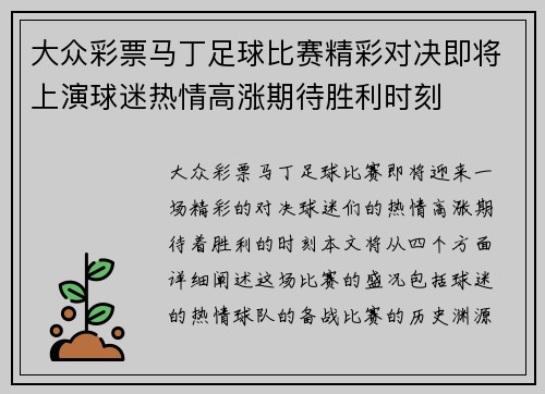 大众彩票马丁足球比赛精彩对决即将上演球迷热情高涨期待胜利时刻